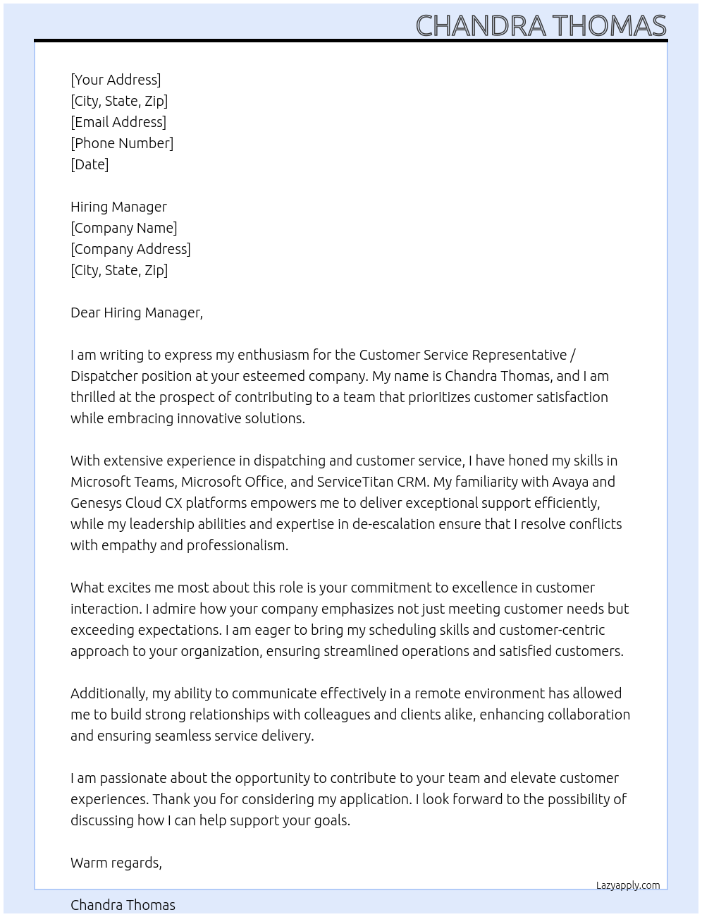 Customer Service Representative / Dispatcher At Hiring Manager Cover Letter