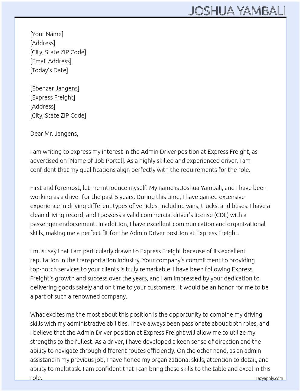 admin driver At express freight Cover Letter