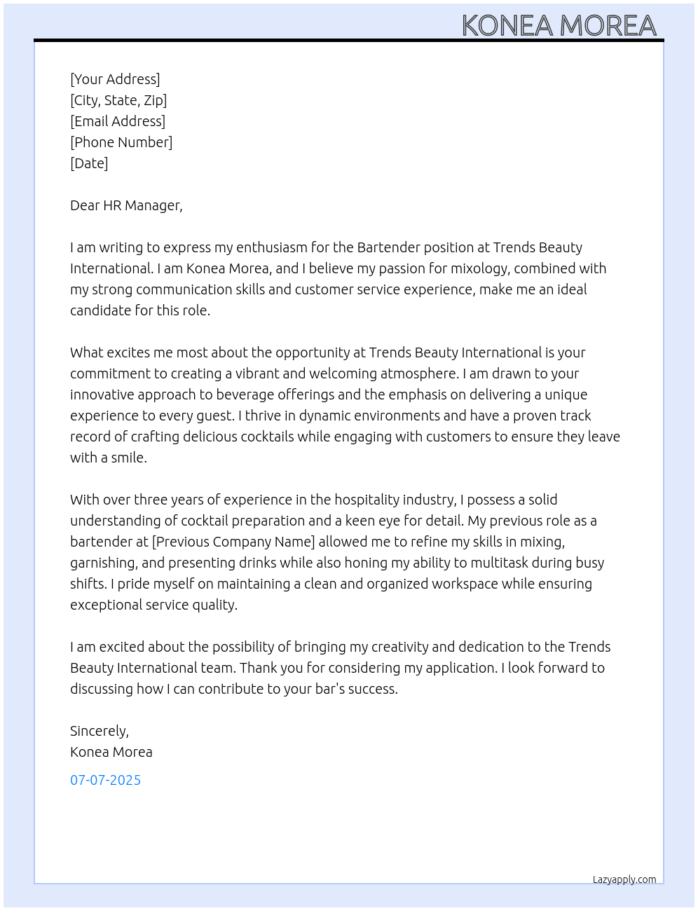 Bartender At Trends Beauty International Cover Letter