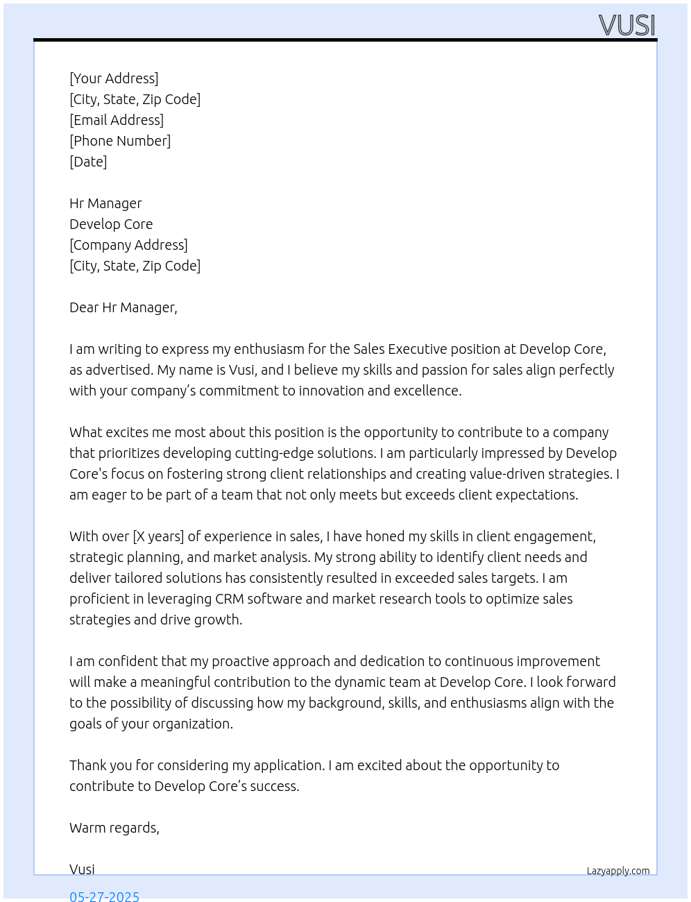 Sales executive  At Develop core Cover Letter