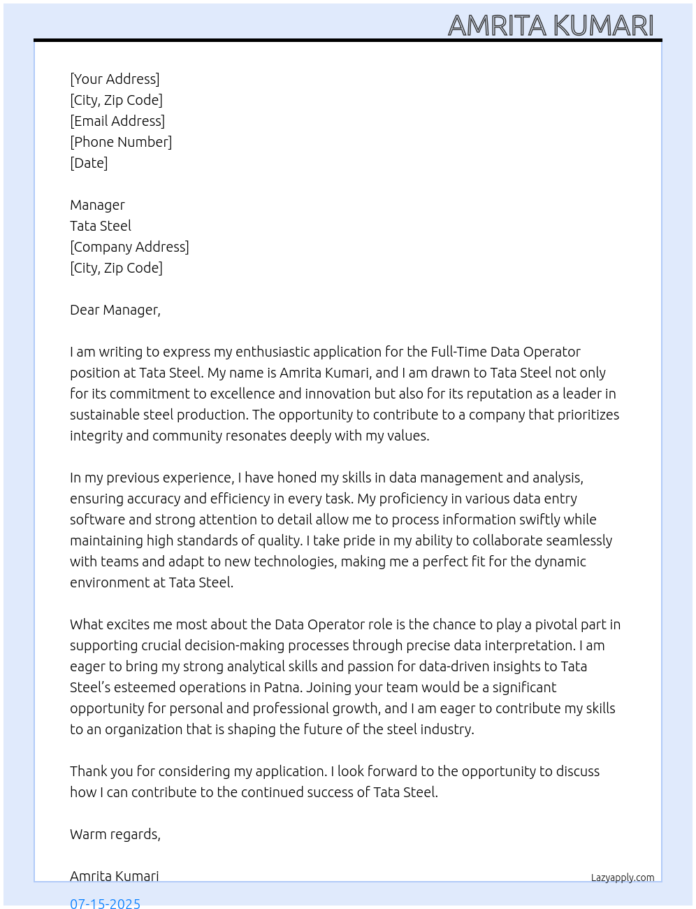 Cover letter for data operator - LazyApply