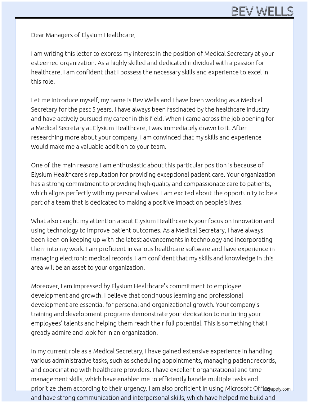 Medical Secretary At Elysium Healthcare Cover Letter