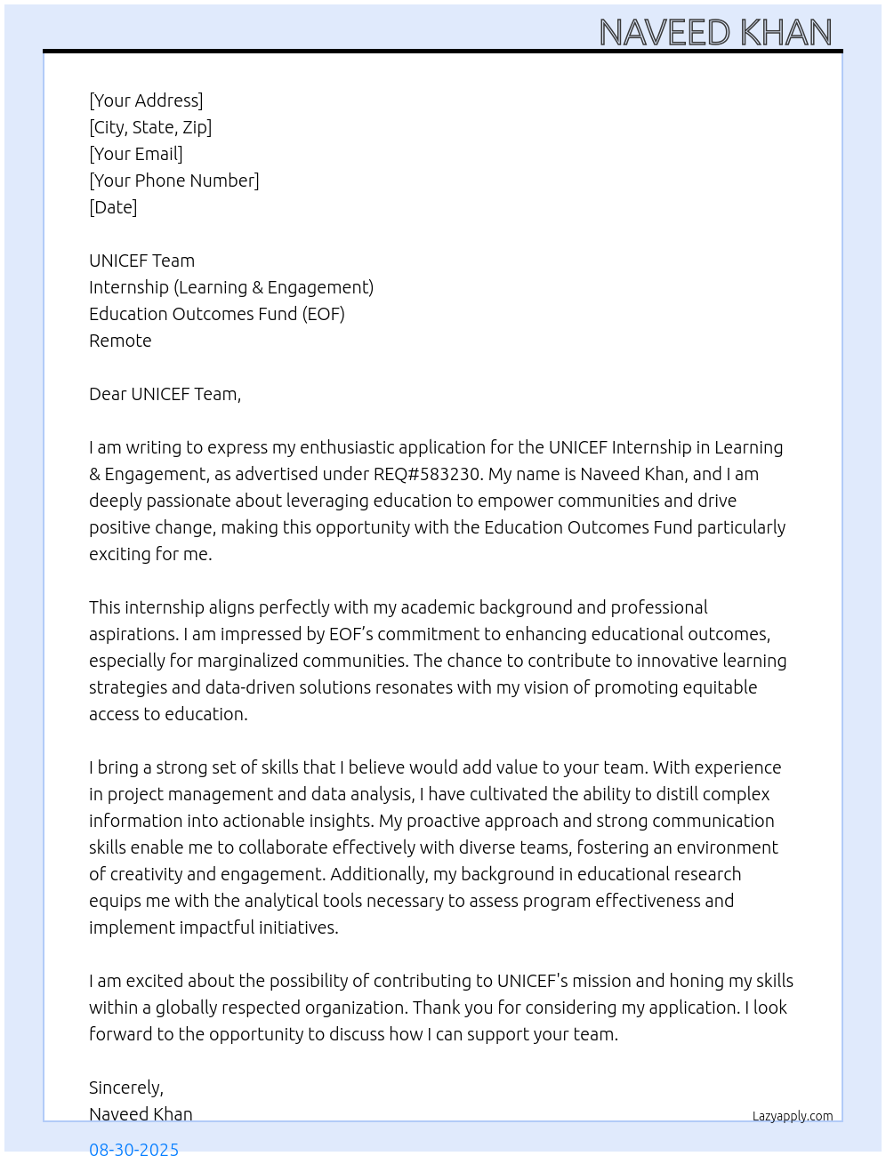 Cover letter for unicef internship - LazyApply