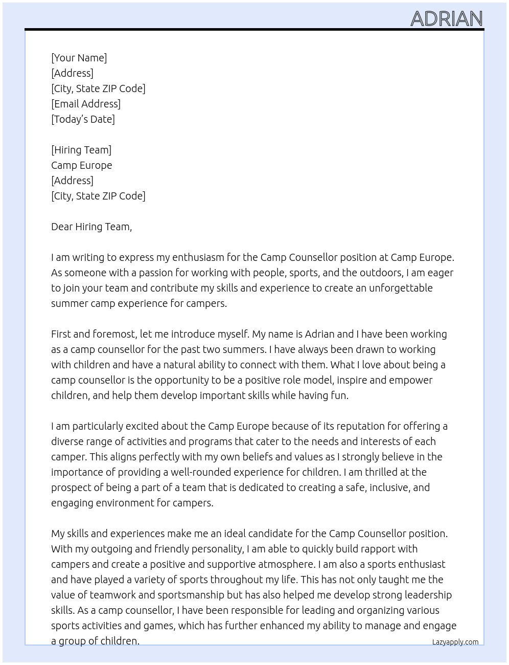 Cover letter for camp counsellor - LazyApply