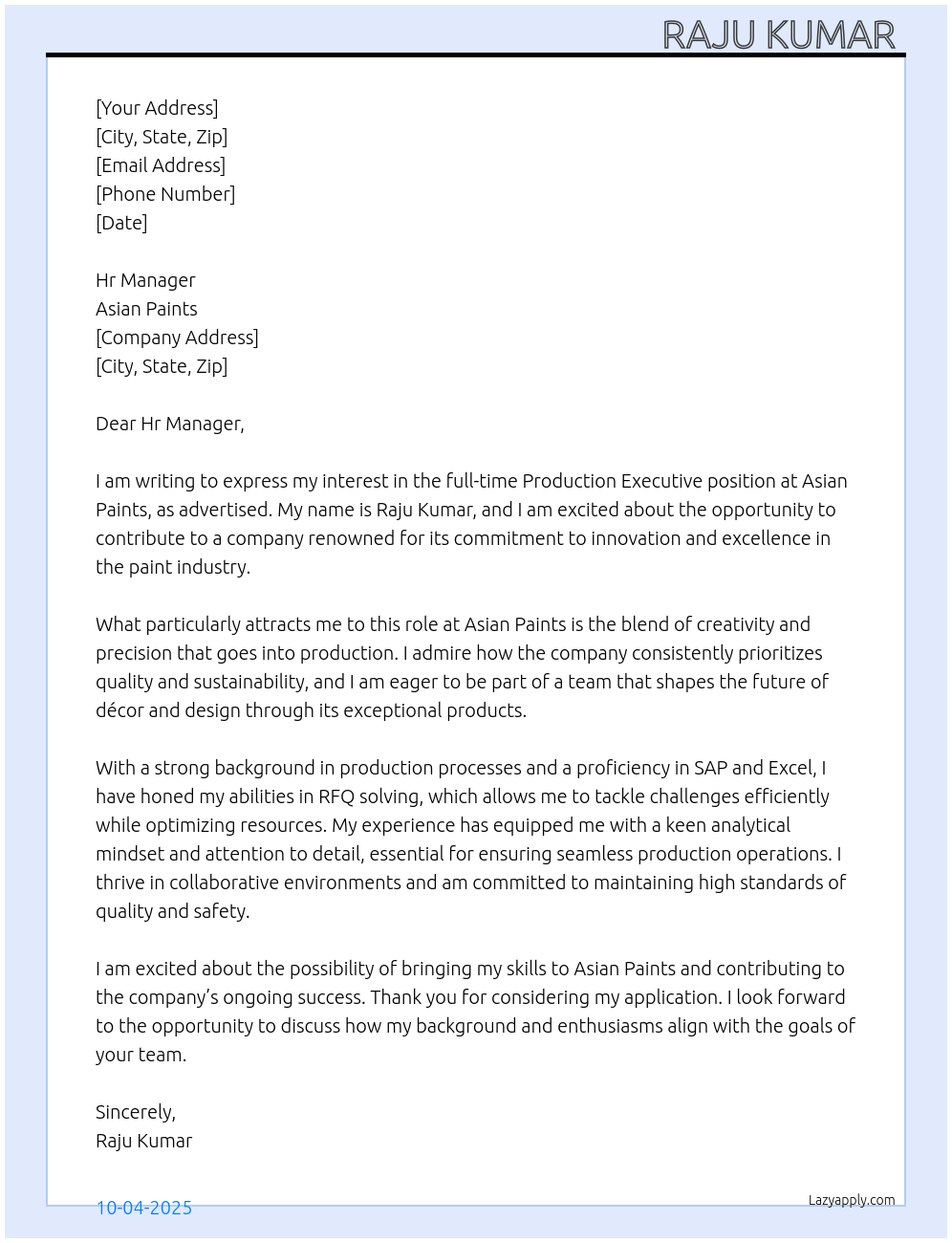 Production executive At Asian paints Cover Letter