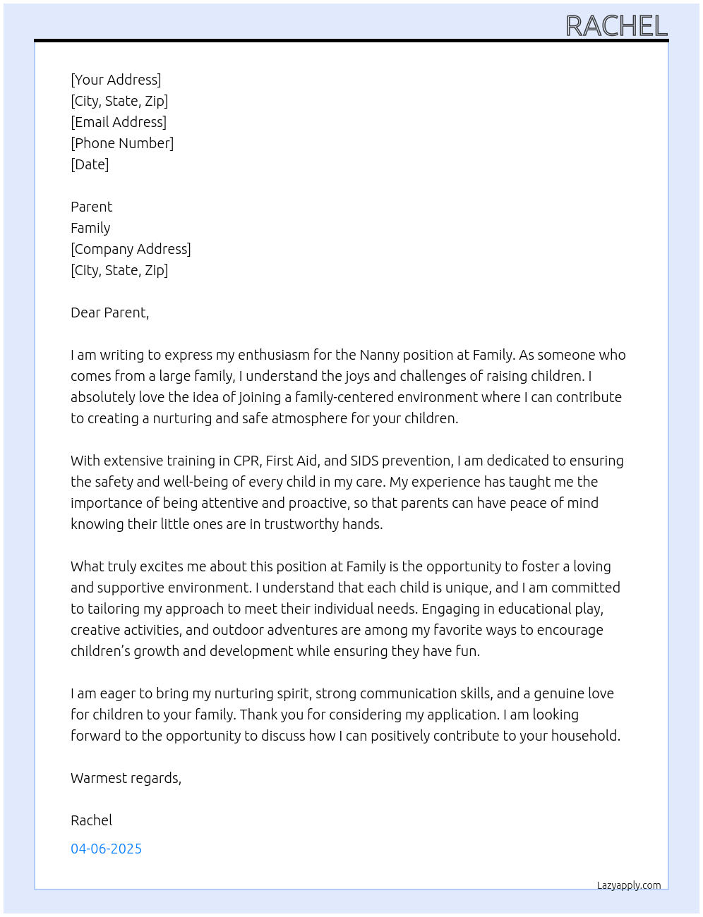 Nanny At Family Cover Letter