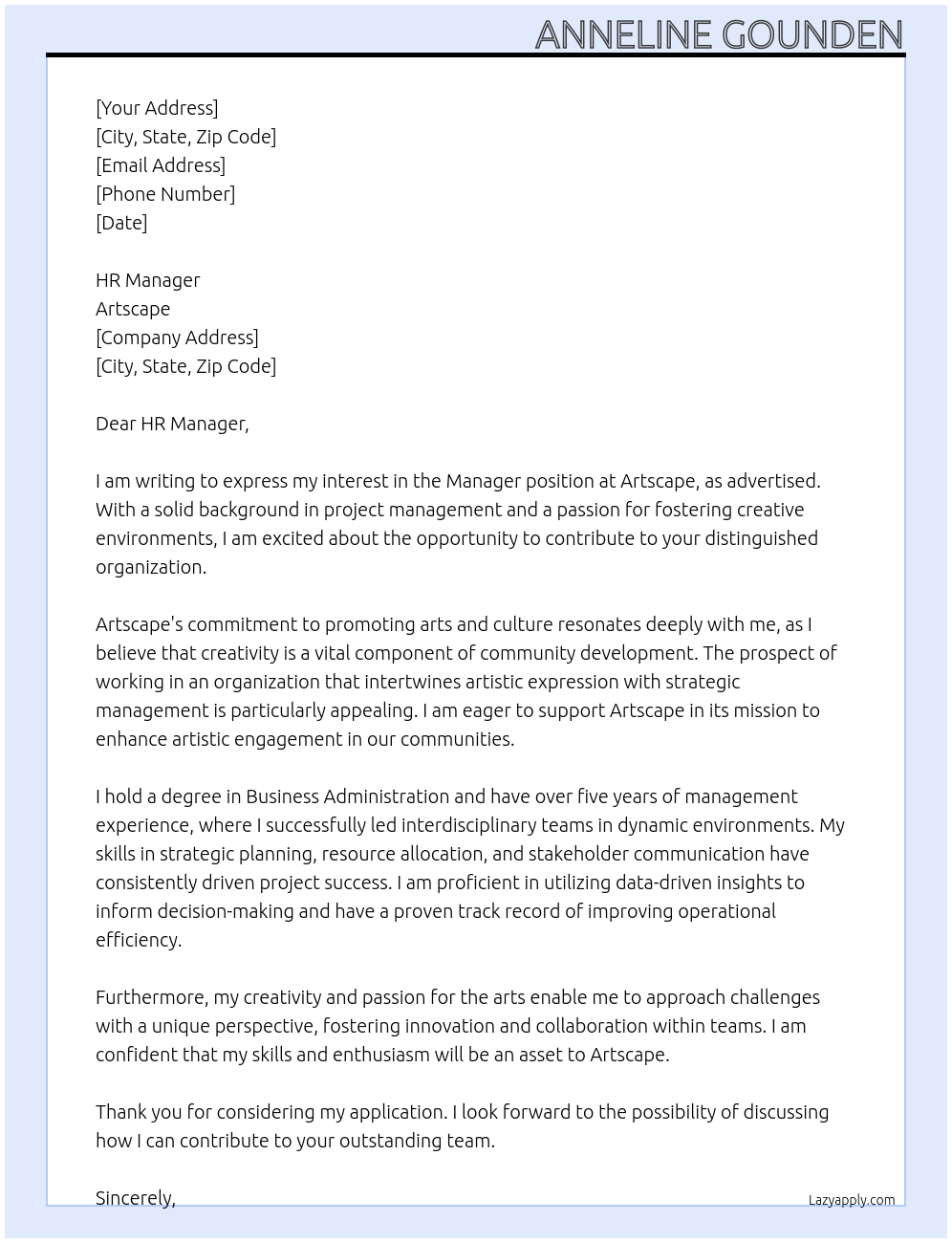 MANAGER At ARTSCAPE Cover Letter