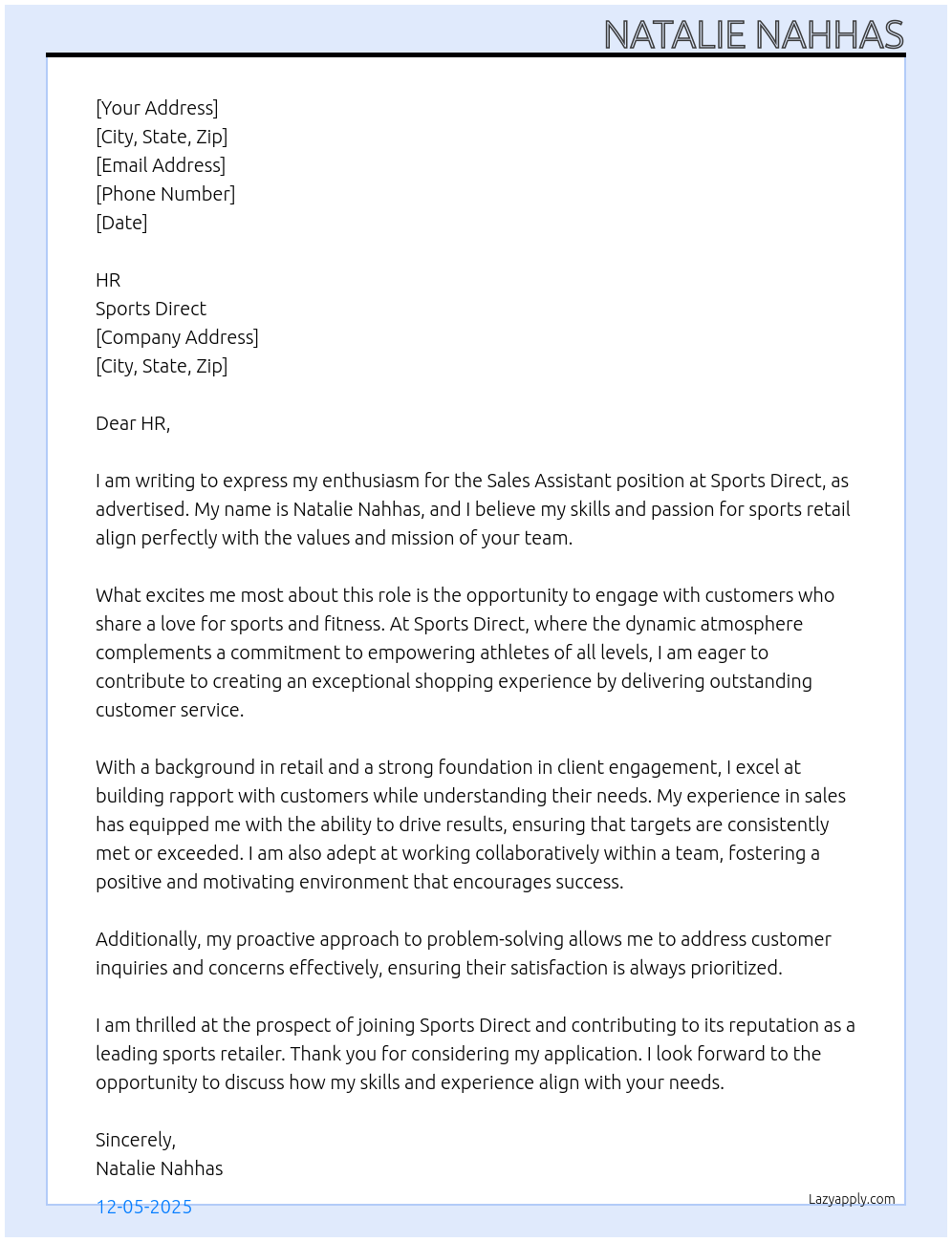 Cover letter for sales assistant - LazyApply