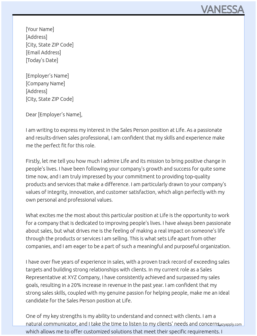 sales person At life Cover Letter