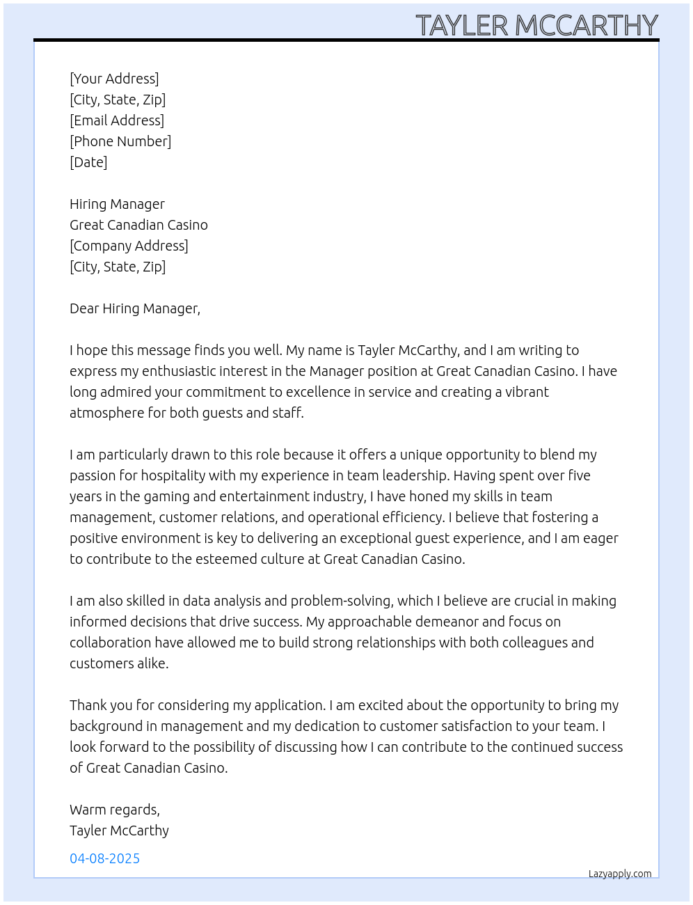 Manager At Great Canadian Casino Cover Letter