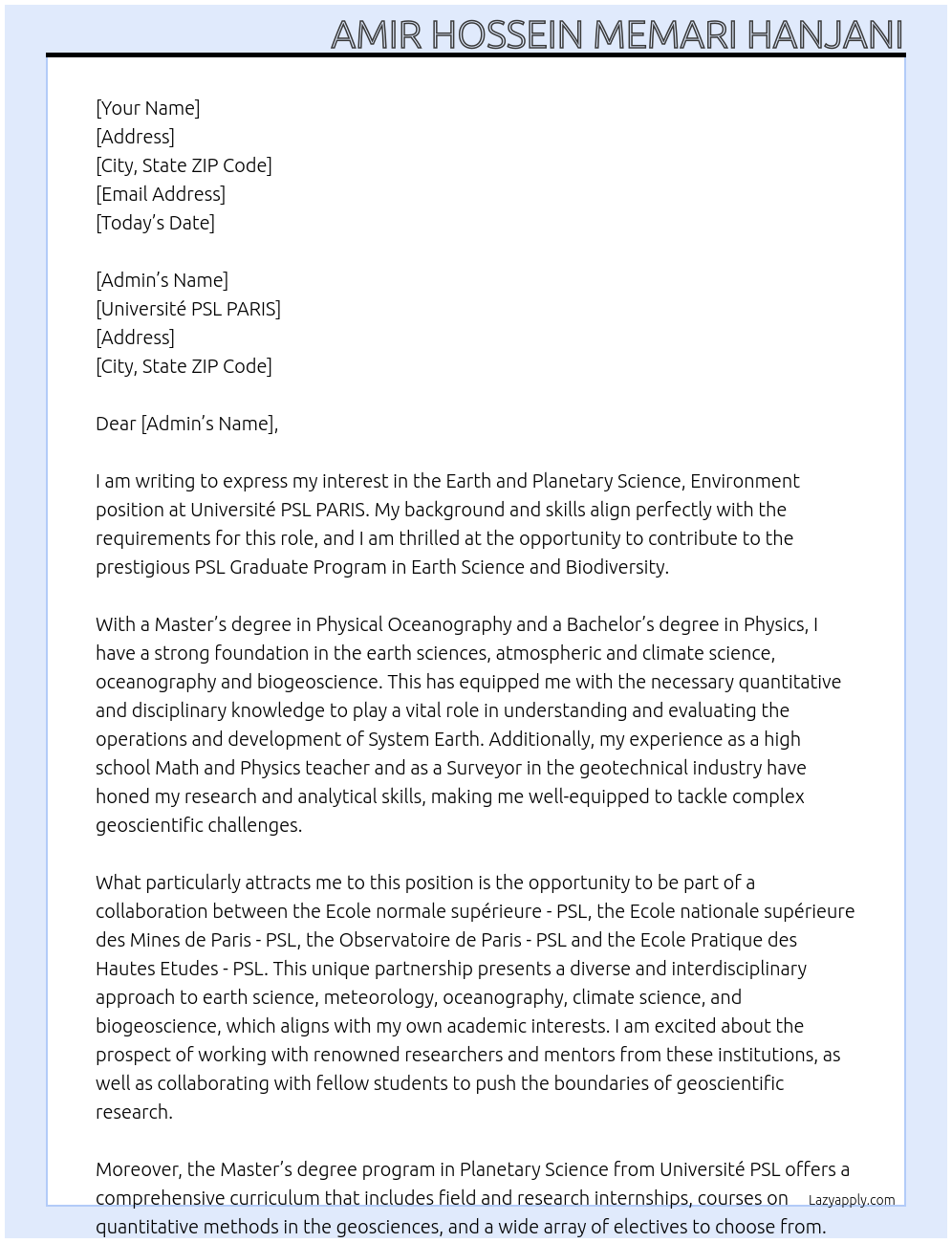 Cover letter for earth and planetary science, environment - LazyApply