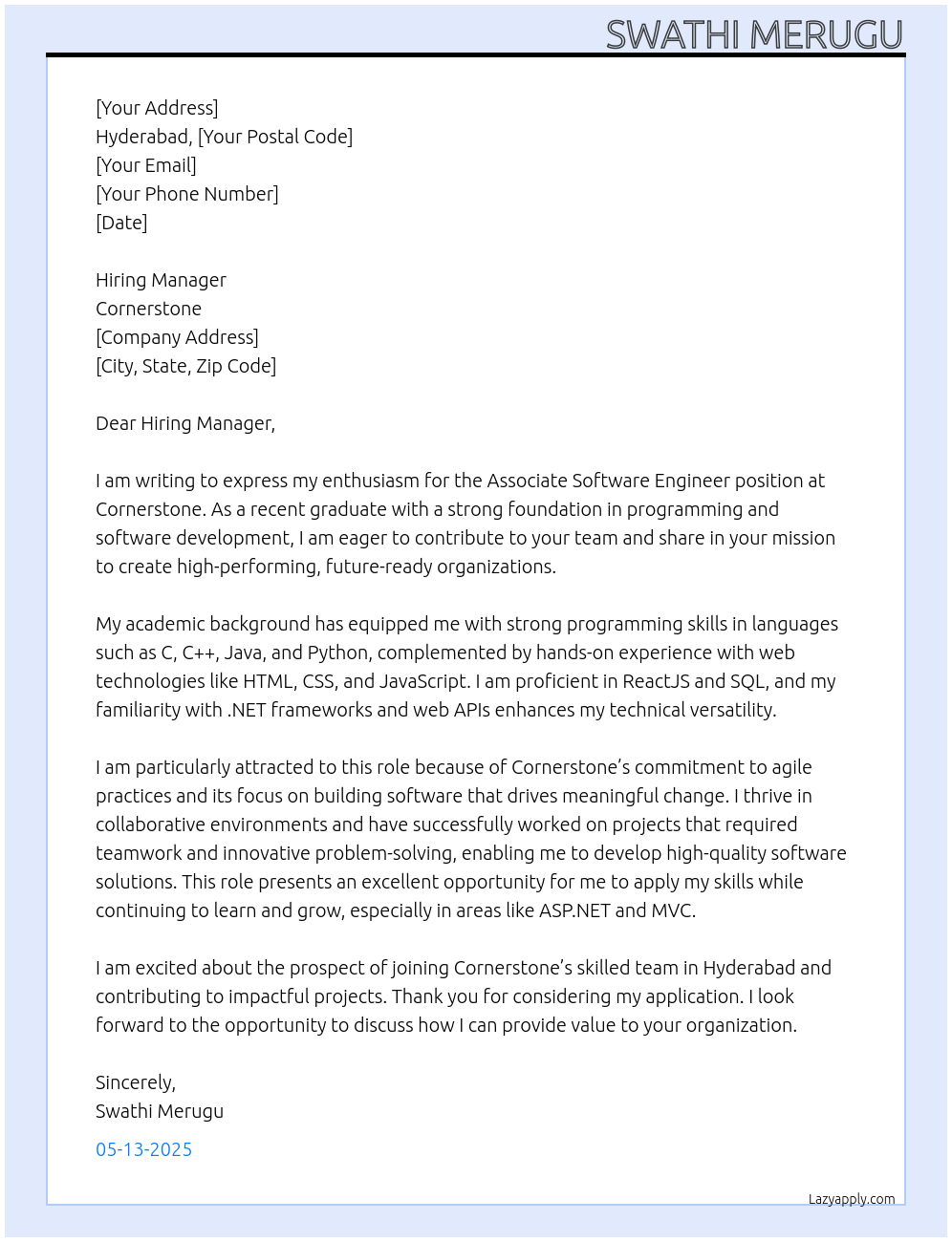 Associate Software Engineer At Cornerstone Cover Letter