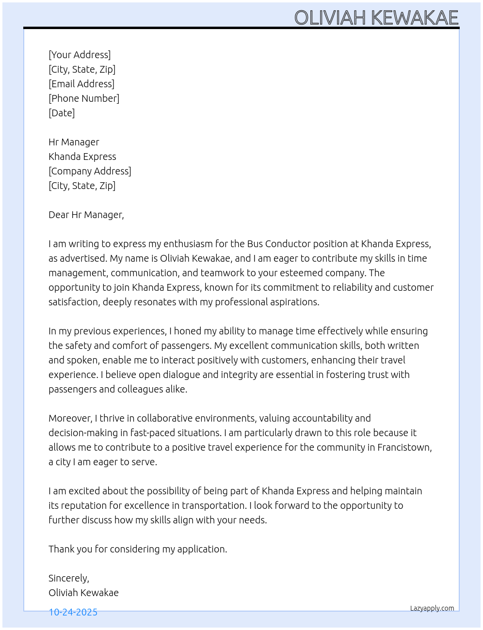 Bus Conductor At Khanda Express Cover Letter