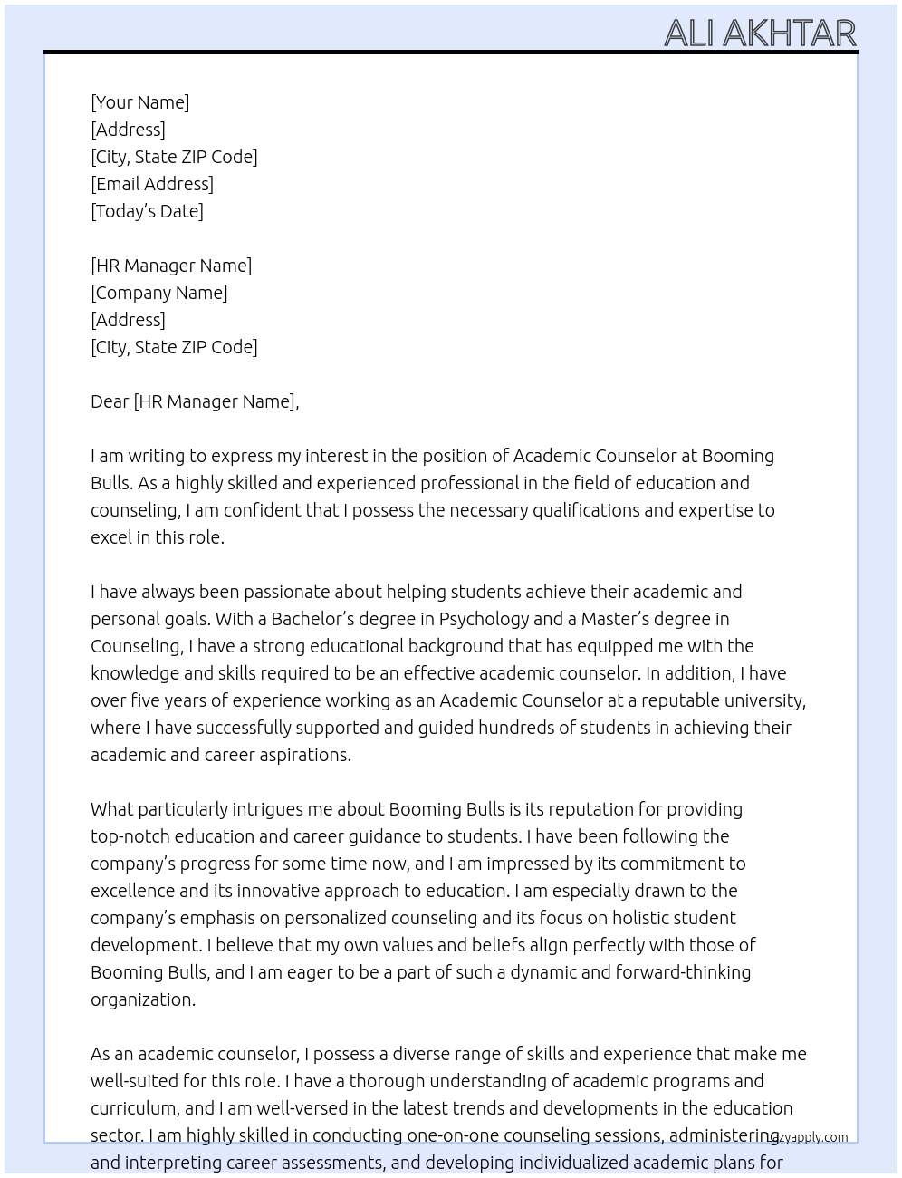 Academic counselor At Booming bulls Cover Letter