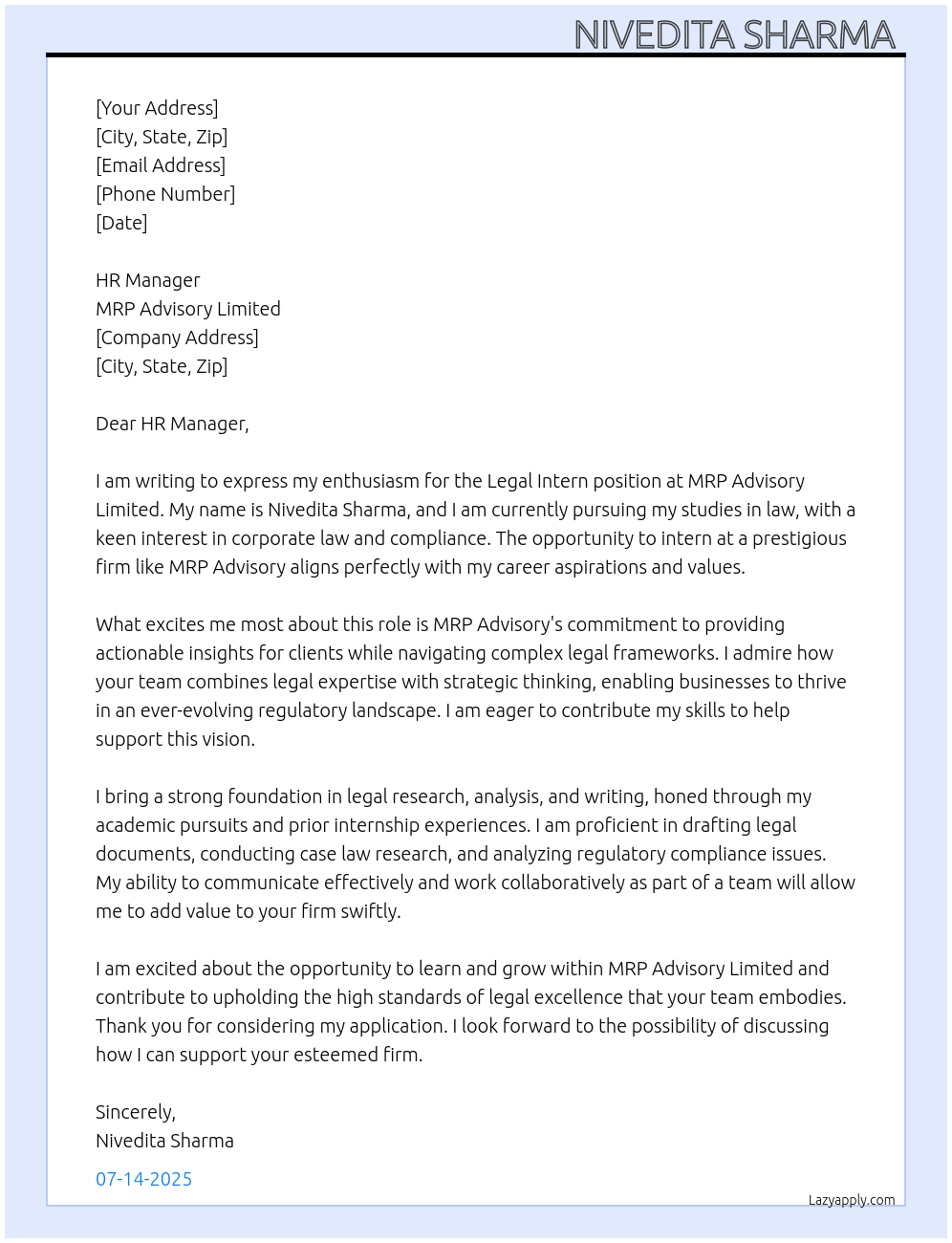 legal intern At MRP advisory limited Cover Letter