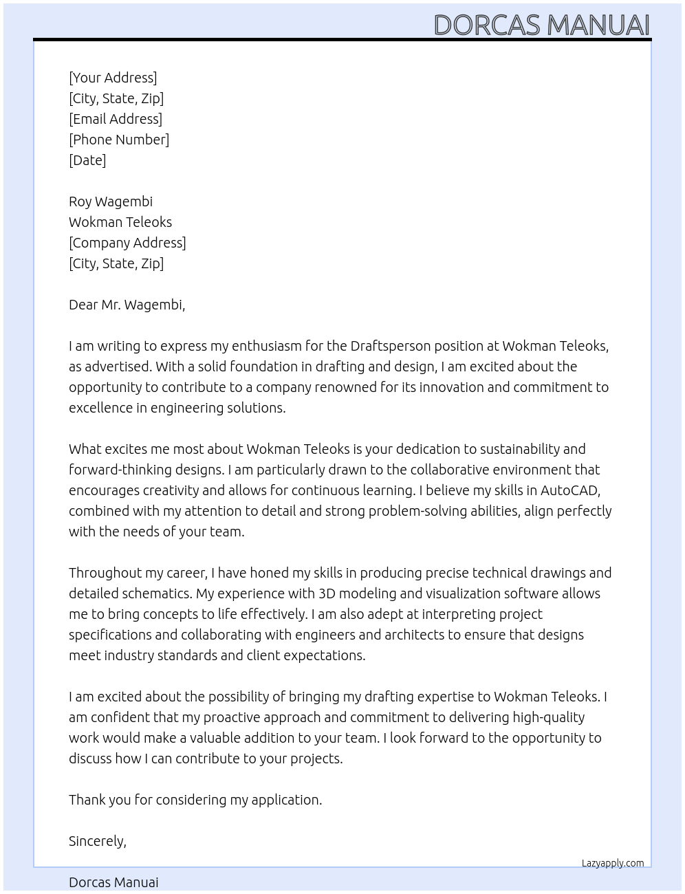 Cover letter for draftsperson - LazyApply