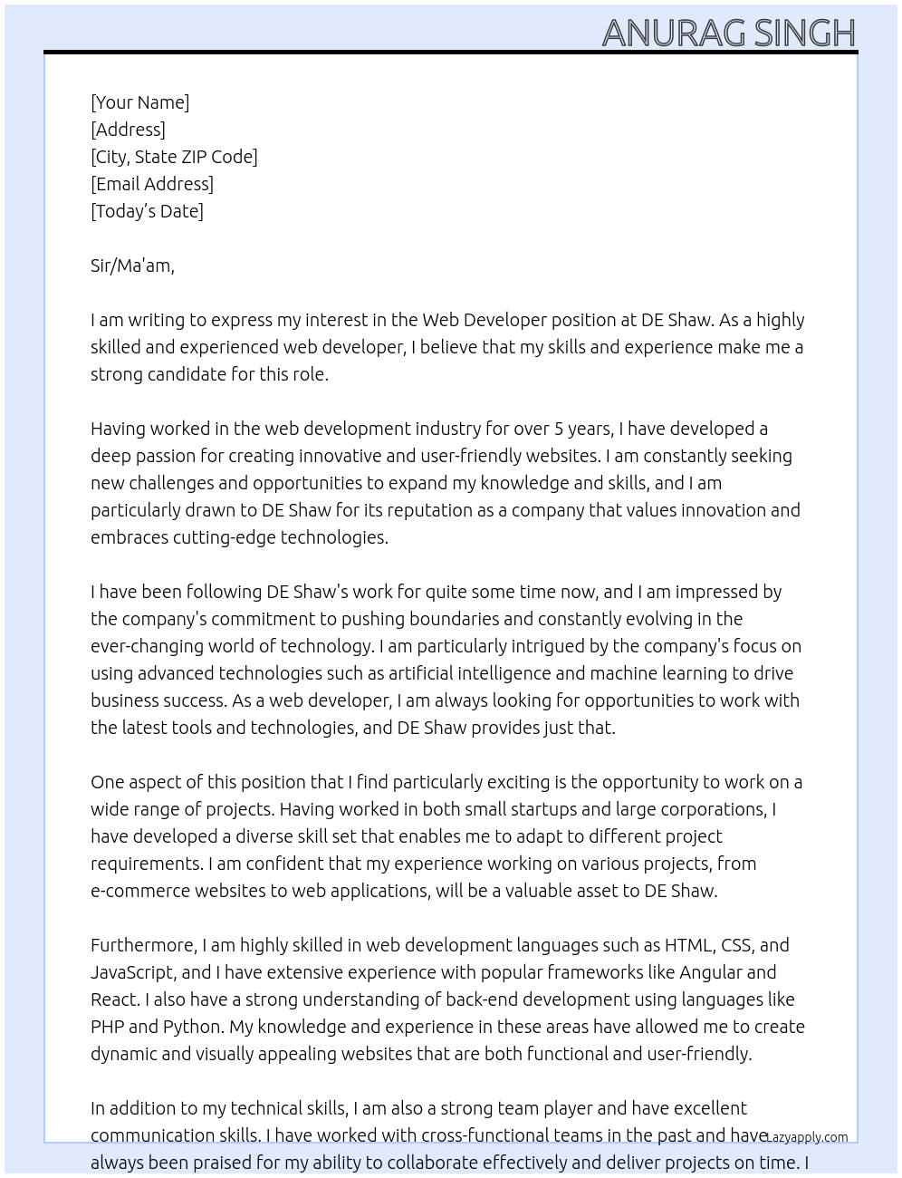 Web Developer At DE Shaw Cover Letter