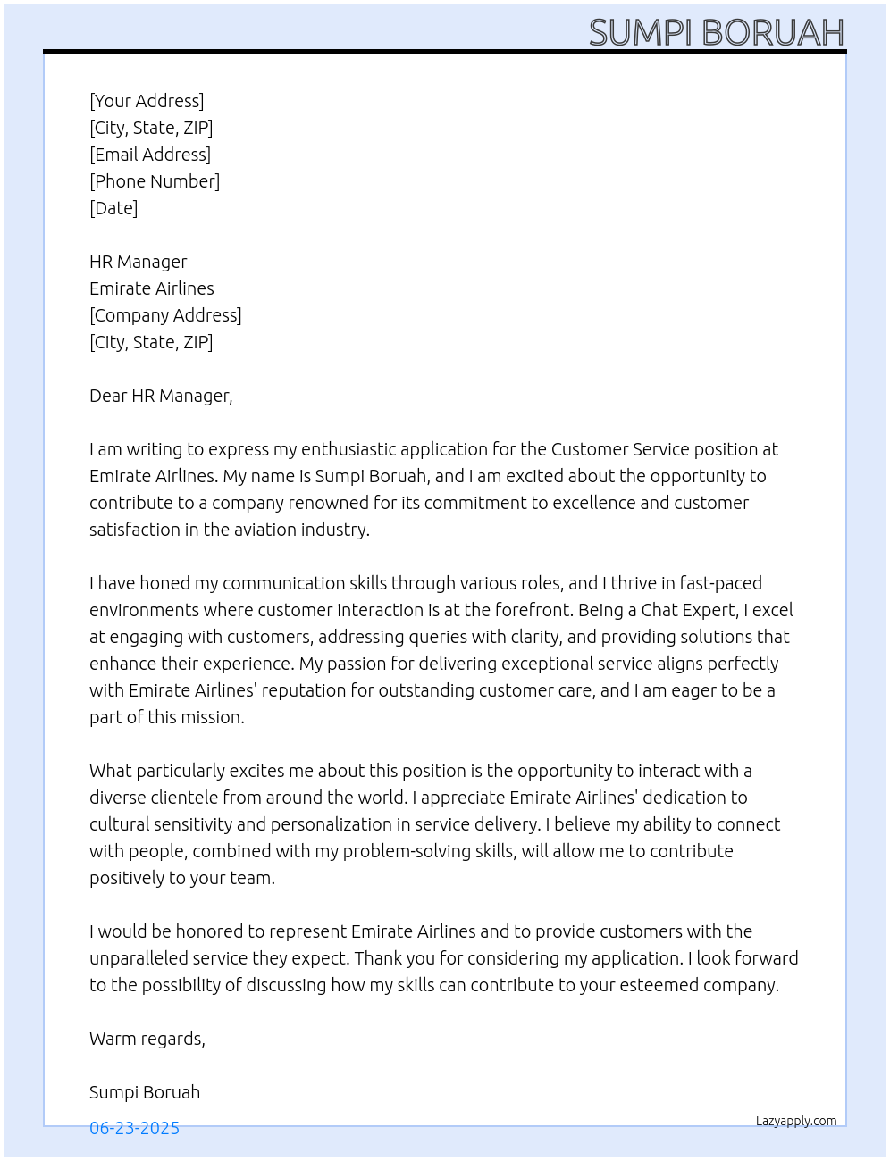 Customer service At Emirate Airlines Cover Letter