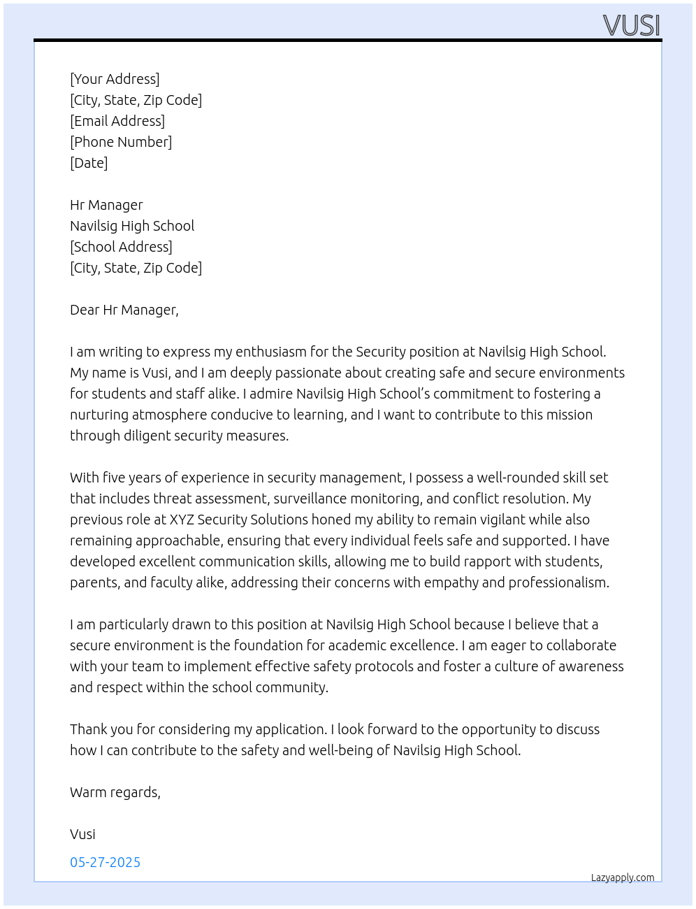 Security  At Navilsig High School Cover Letter