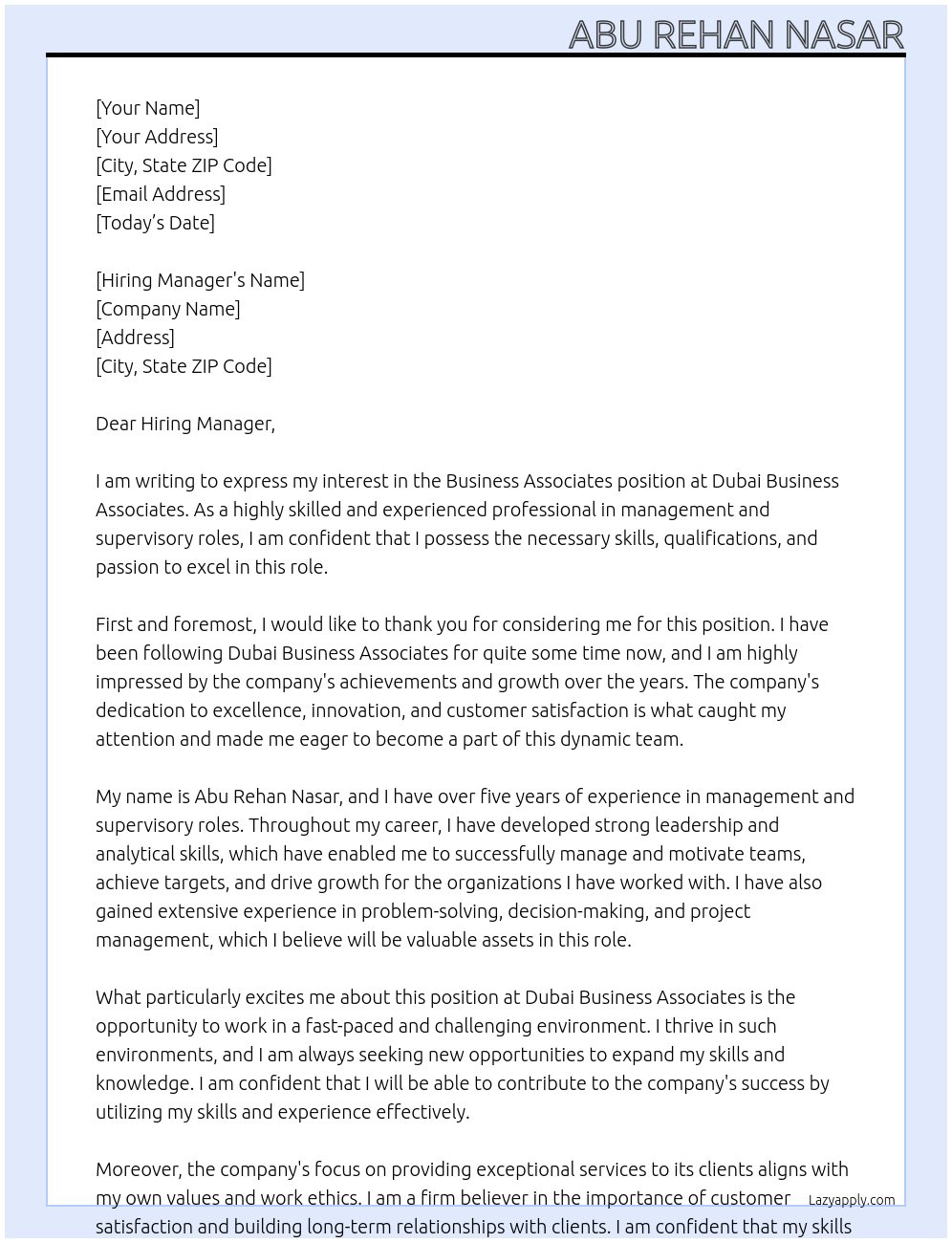 Business Associates  At Dubai Business Associates  Cover Letter