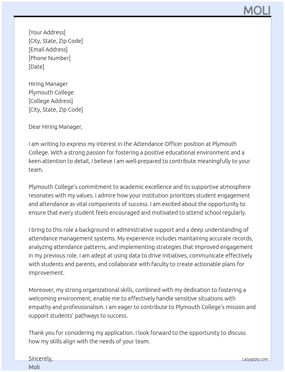 Attendance Officer At Plymouth Colleg Cover Letter