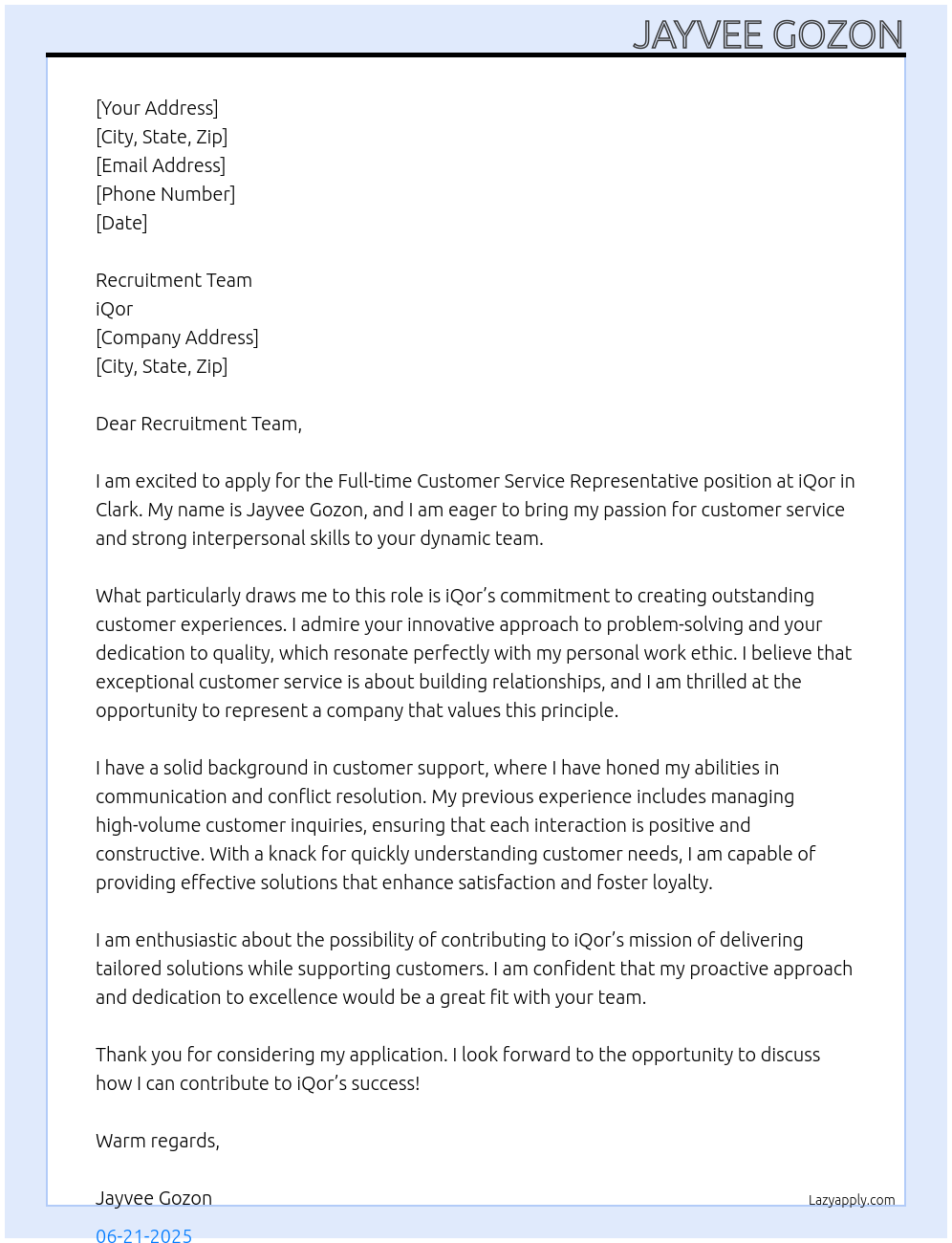 Customer Service Representative At iQor Cover Letter