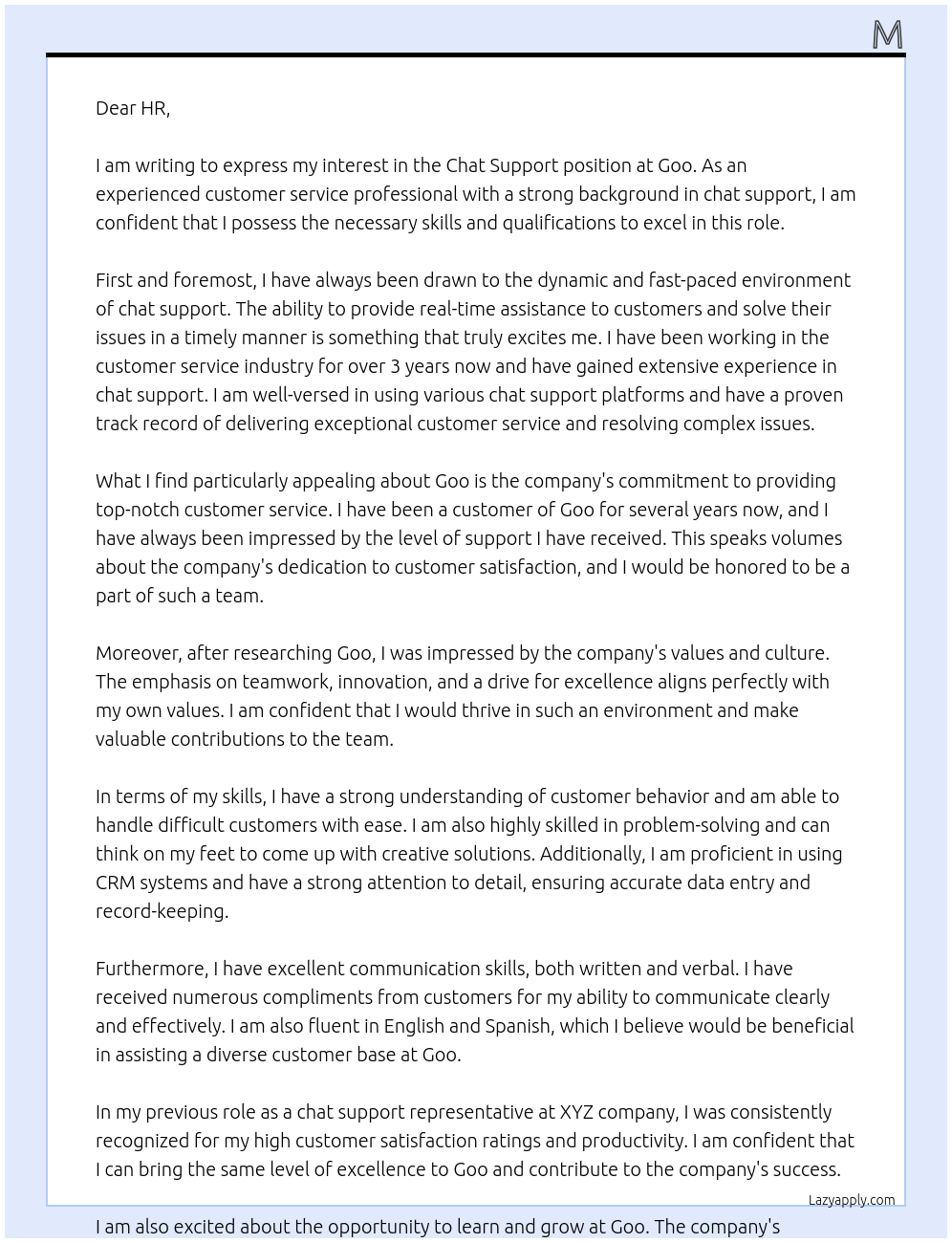 Chat support At Goo Cover Letter