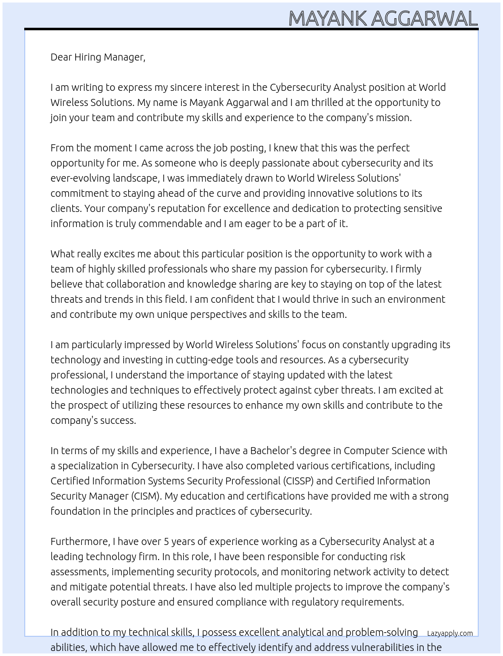 Cybersecurity Analyst At World Wireless Solutions Cover Letter