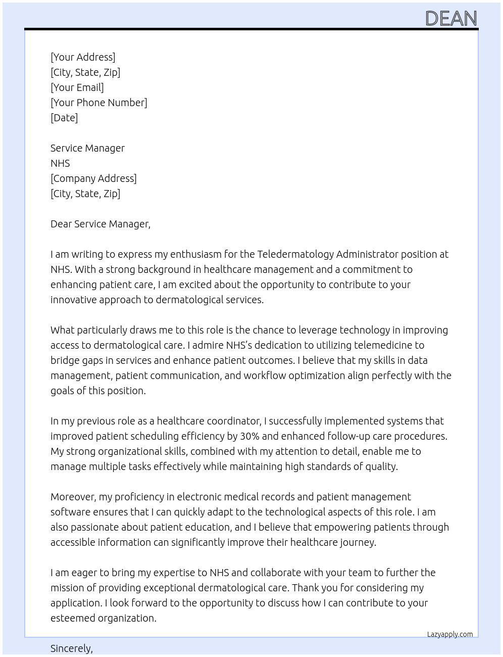 Teledermatology Administrator At NHS Cover Letter