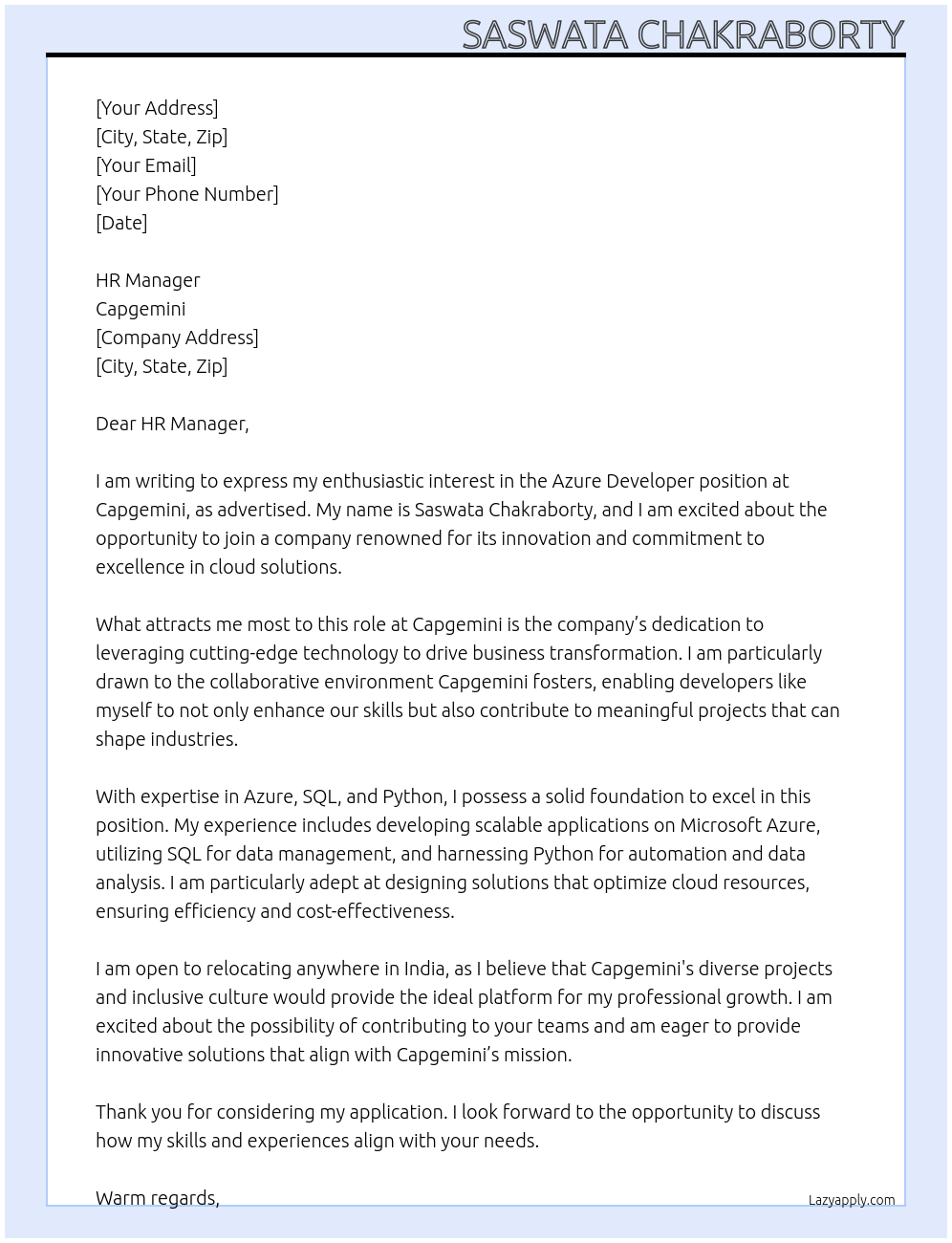 azure developer At Capgemini Cover Letter