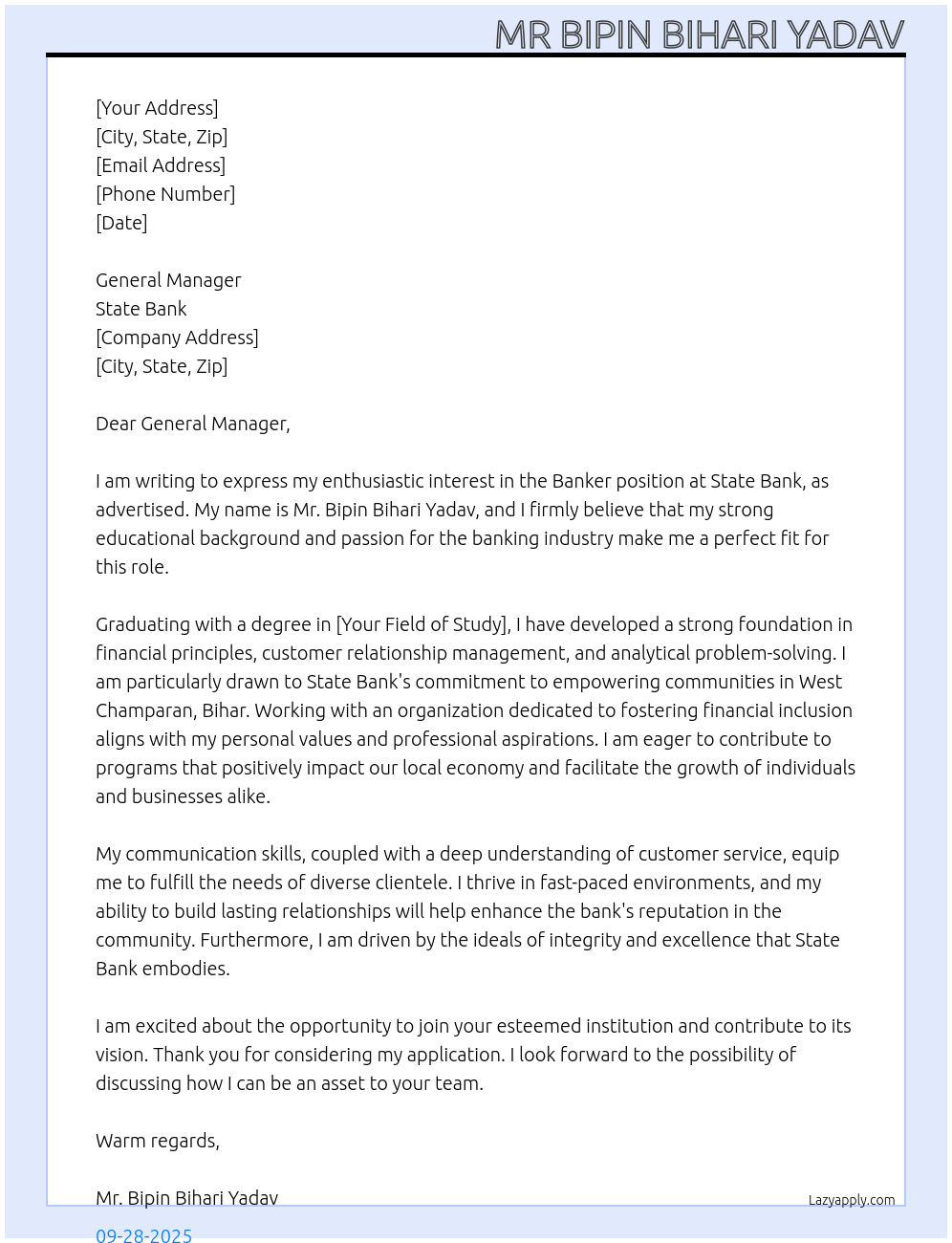 Cover letter for banker - LazyApply