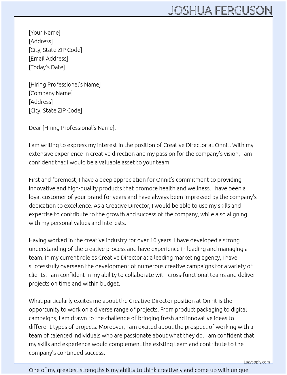 Creative Director At Onnit Cover Letter