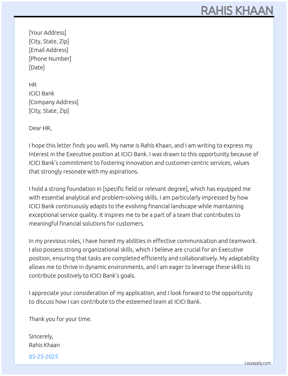 Executive At ICICI Bank Cover Letter