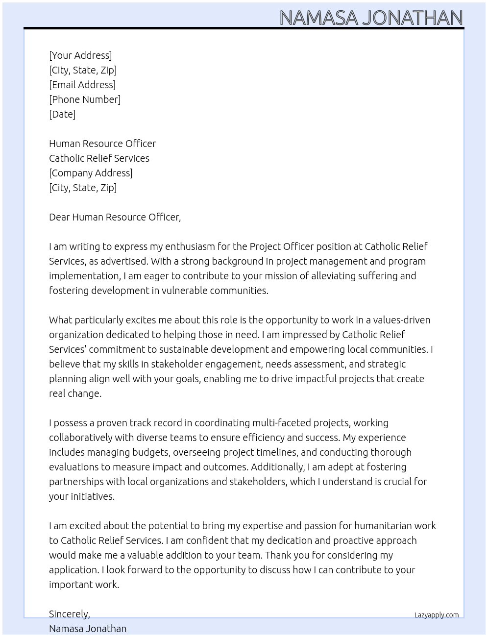 Cover letter for project officer - LazyApply