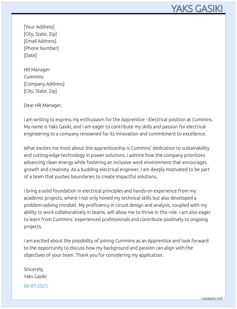 Apprentice - Electrical  At Cummins  Cover Letter