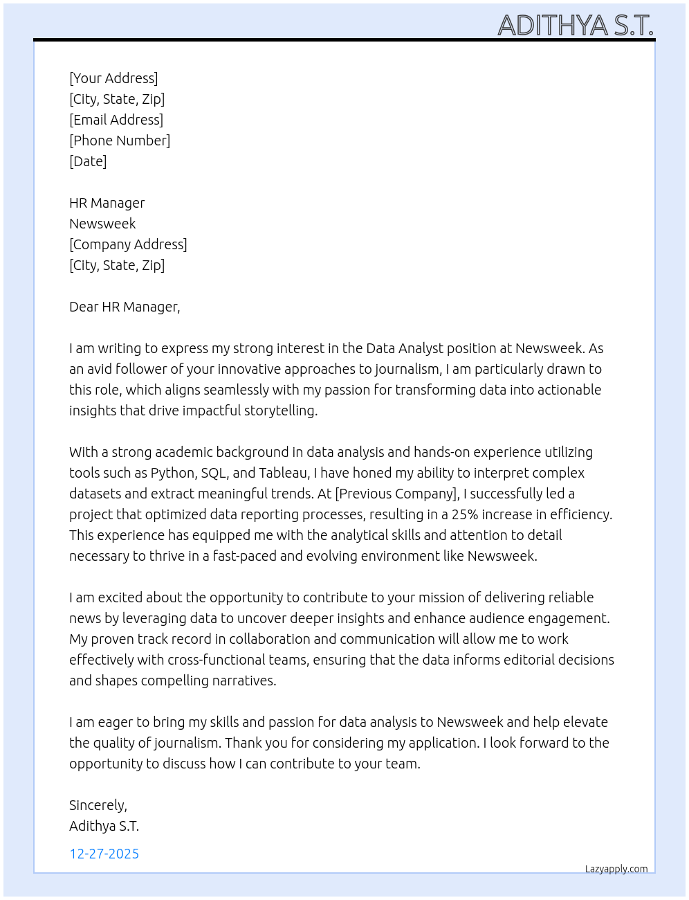 Data Analyst At Newsweek Cover Letter