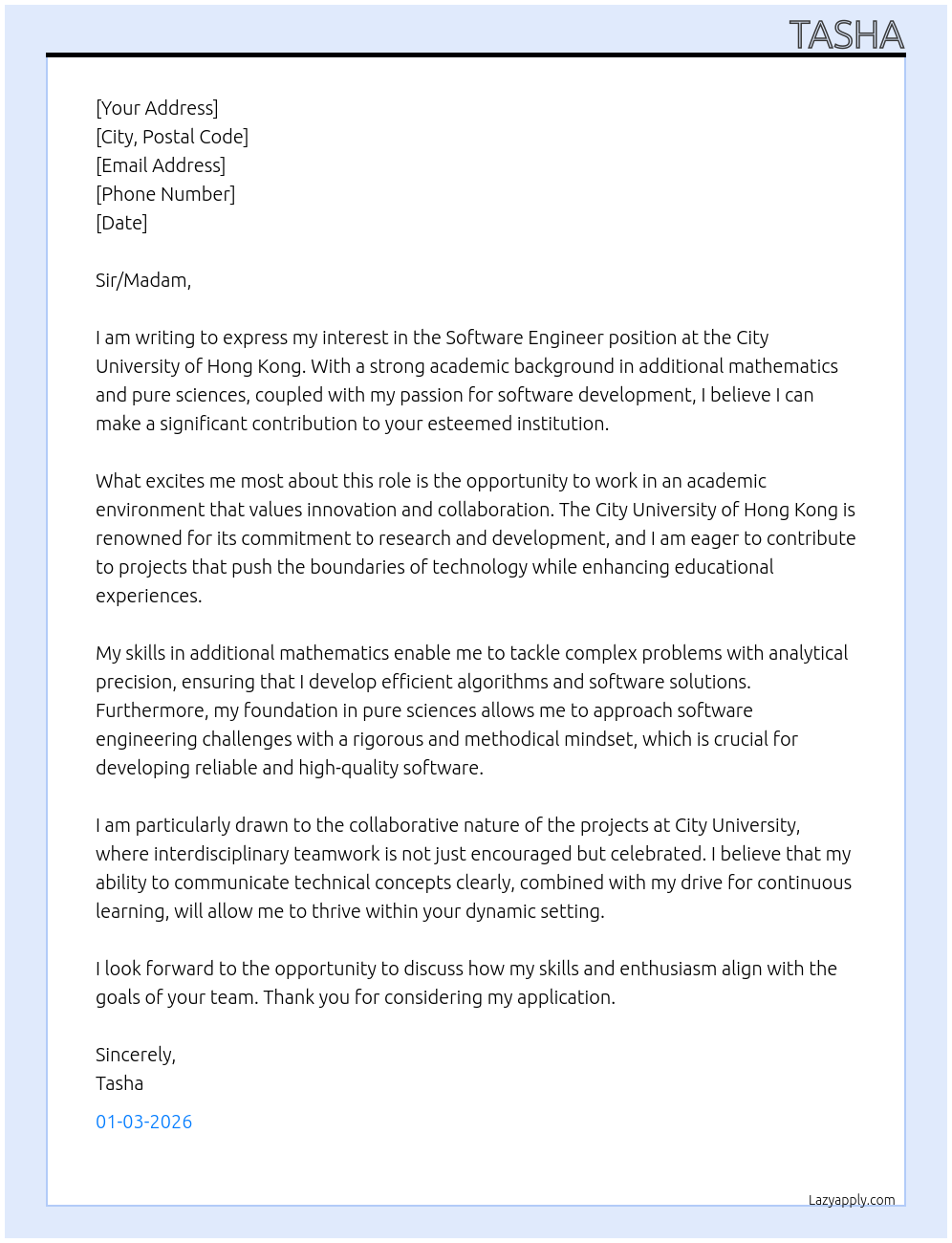 software engineer At city university of hong kong Cover Letter