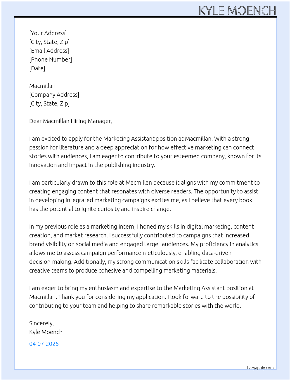 Marketing Assistant At Macmillan Cover Letter