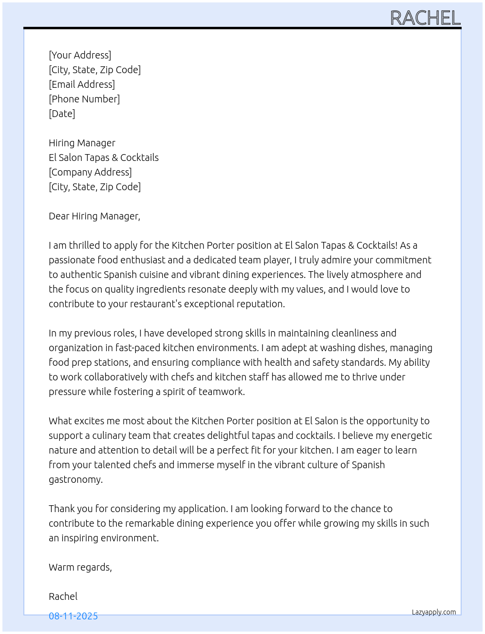 Kitchen Porter At El Salon Tapas & Cocktails Cover Letter