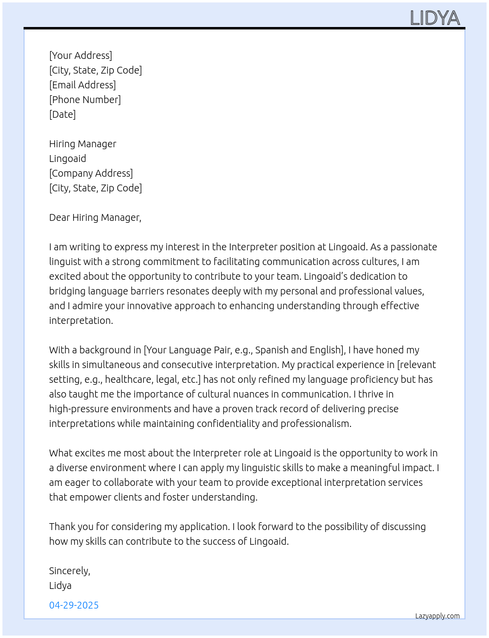 Interpreter At Lingoaid Cover Letter