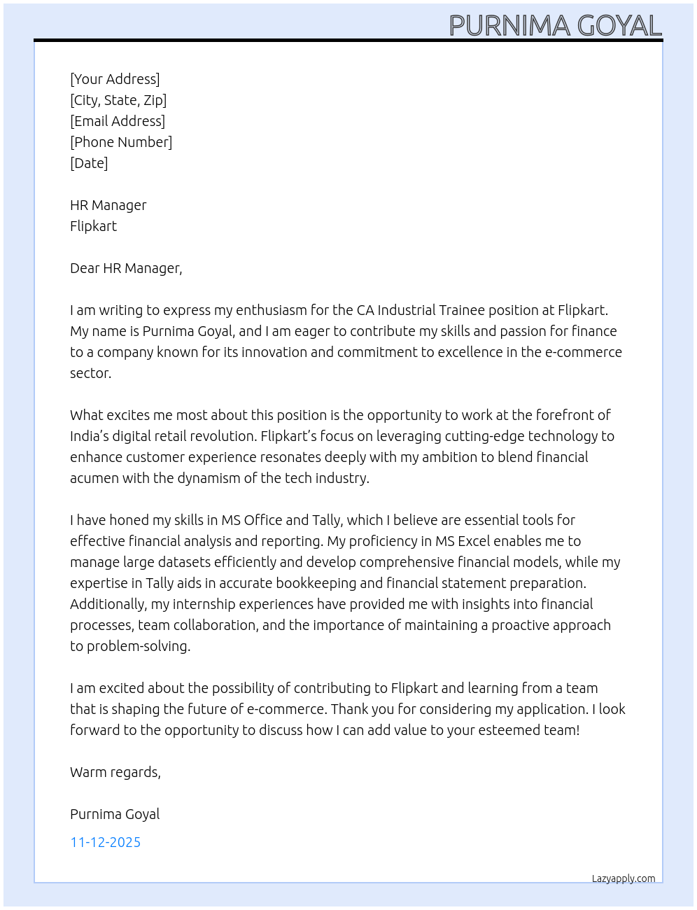 Cover letter for ca industrial trainee - LazyApply