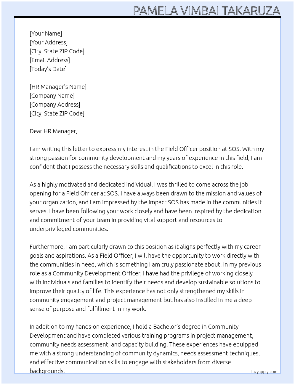 Field Officer At SOS Cover Letter