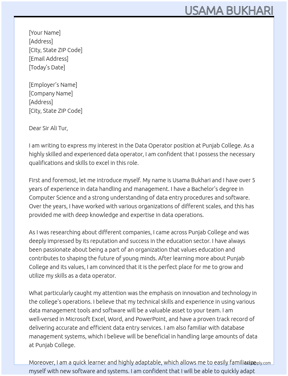 Data operator At Punjab Collage Cover Letter