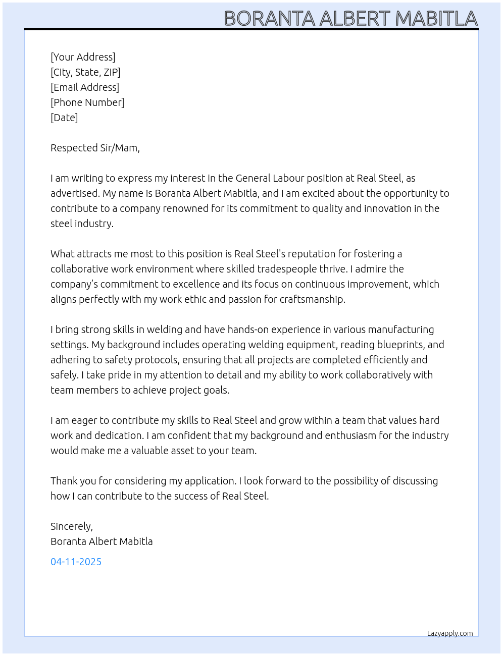 General Labour At Real Steel Cover Letter