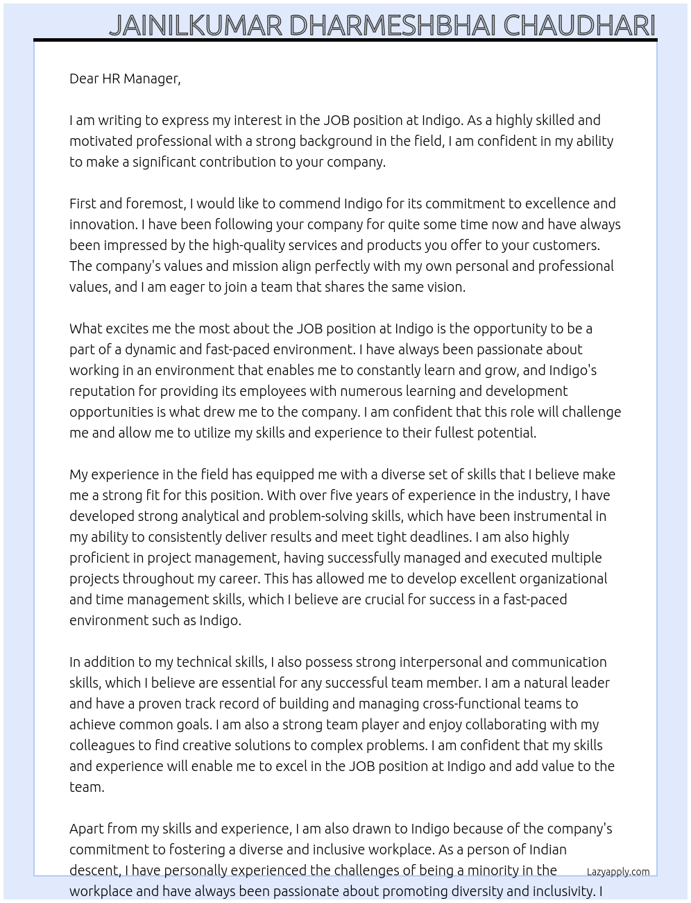 JOB At indigo Cover Letter