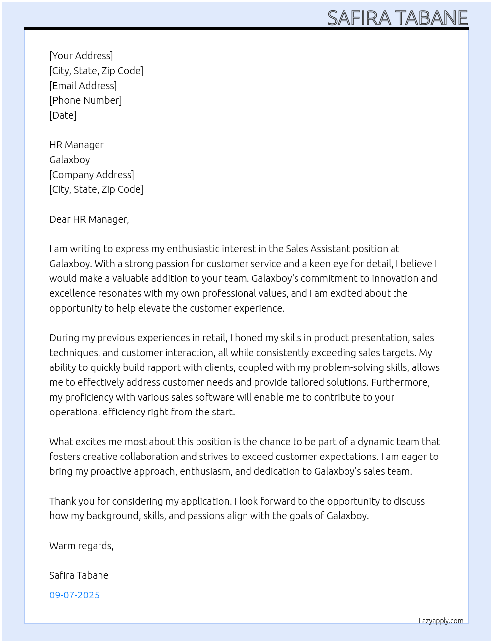 Sales Assistant At Galaxboy Cover Letter