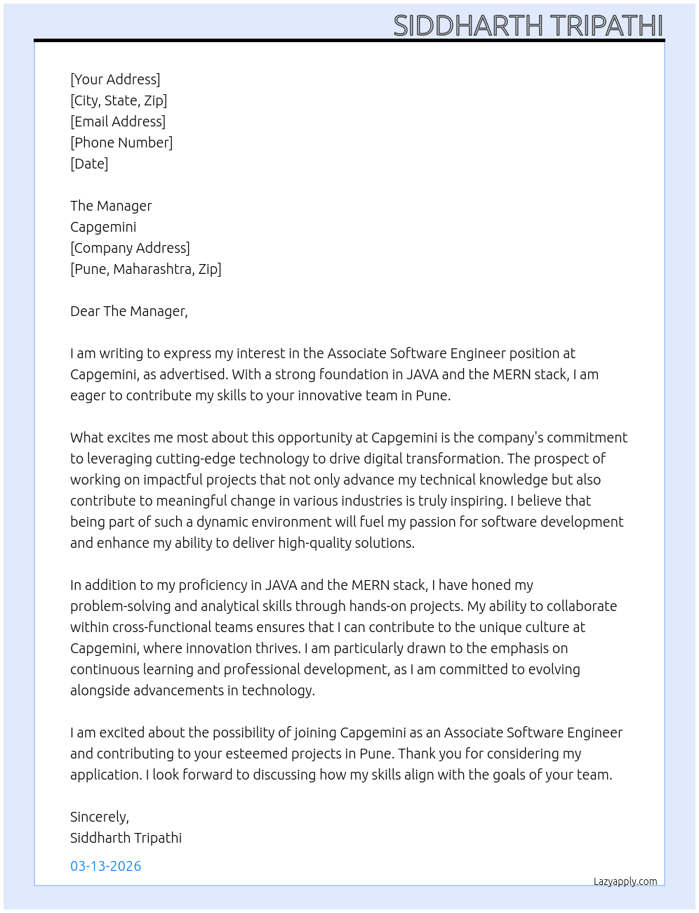 Associate Software Engineer At Capgemini Cover Letter