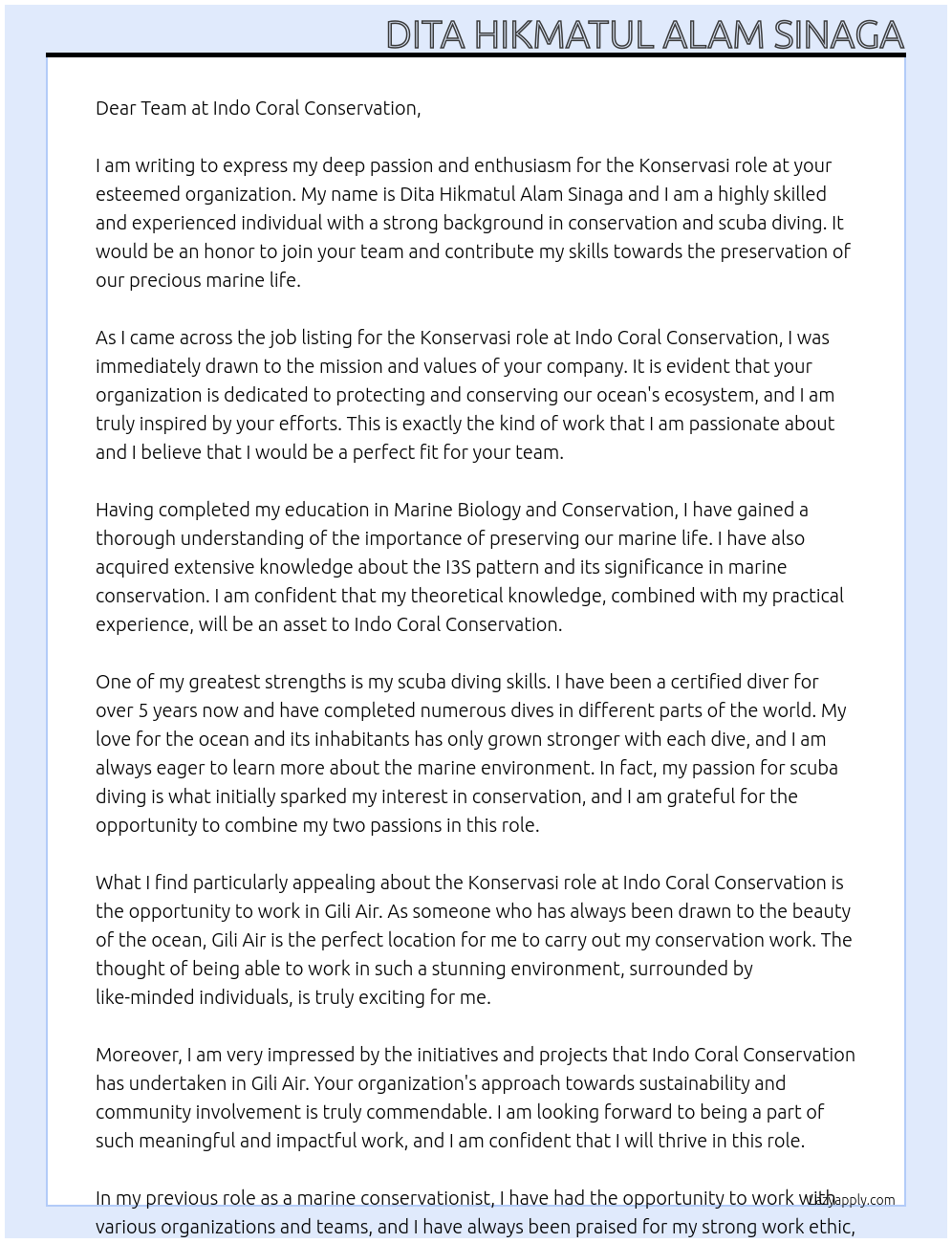 Konservasi  At Indo Coral Conservation Cover Letter