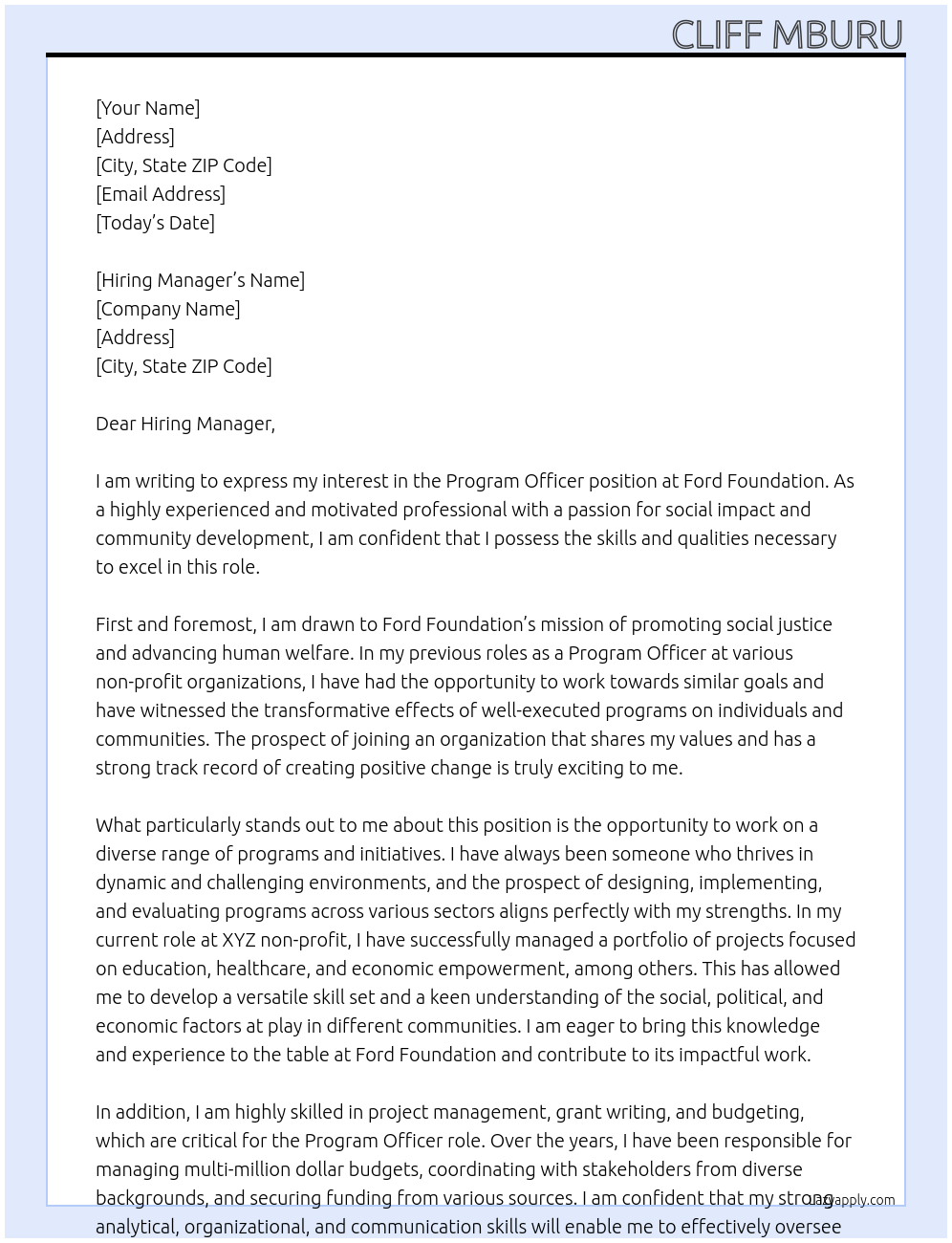 Program Officer At Ford Foundation Cover Letter