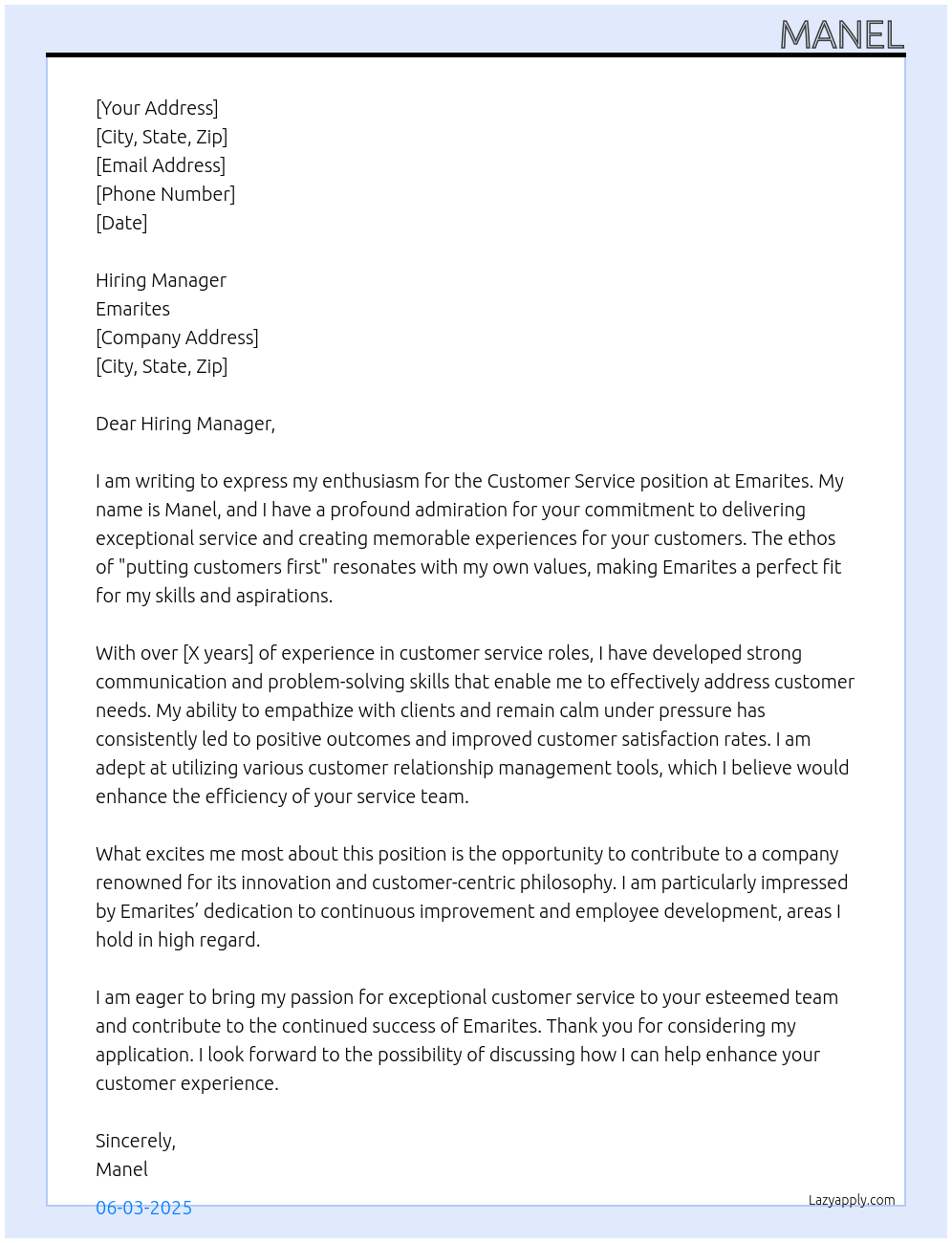 Customer service At Emarites Cover Letter